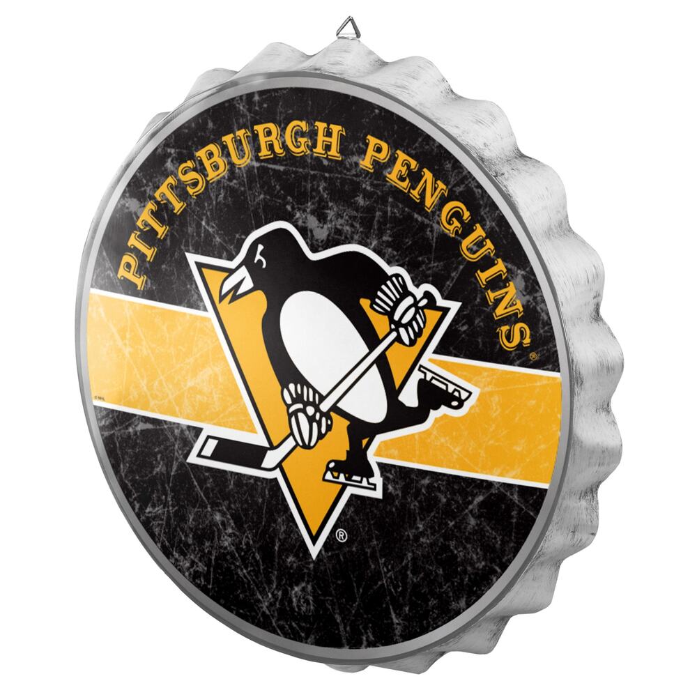 NHL Pittsburgh Penguins Bottle Cap Sign Wall Distressed Round Metal Hockey New